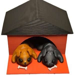 Articulated Brown and Gray Flexi Dogs Accompanied by a Dog House and Bones