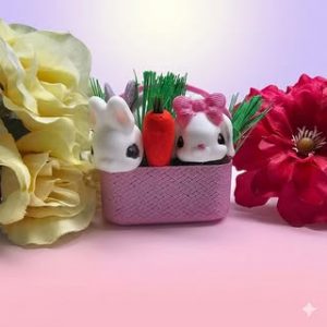 Easter Bunny Basket Decoration: Handcrafted Rabbits Woven Pink Basket Spring Decor