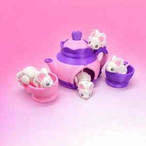 4 Articulated Mice Tea Set with 2 Teacups & Teapot – Cute Decorative Desk Toy